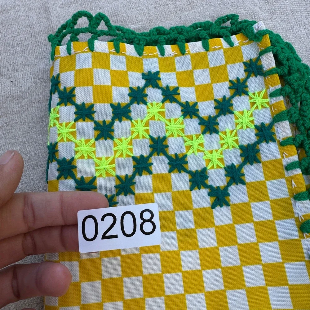 Vintage Gingham Hand Towel Yellow Green Checker Embroidered Crochet Trim table